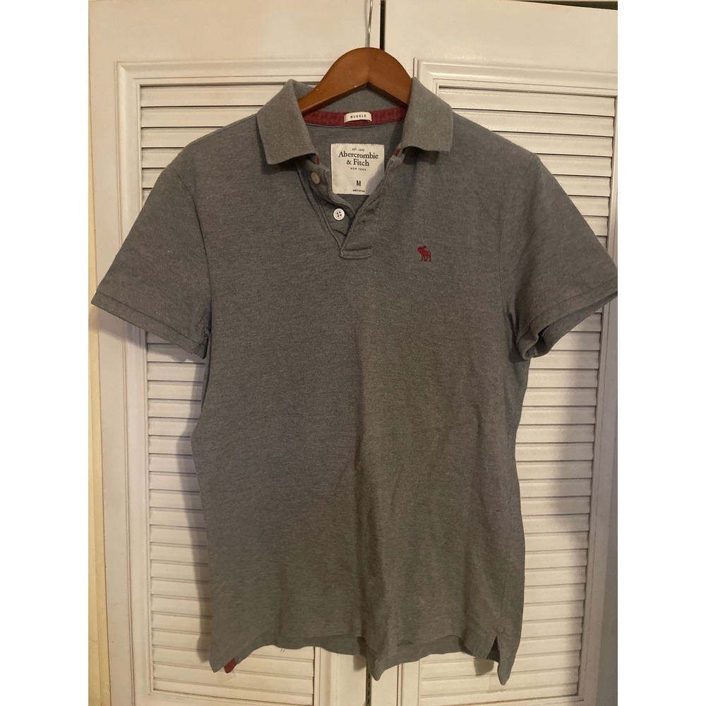 Abercrombie Fitch Men Gray Short Sleeve Polo Shirt Moose Logo Muscle Fit Medium